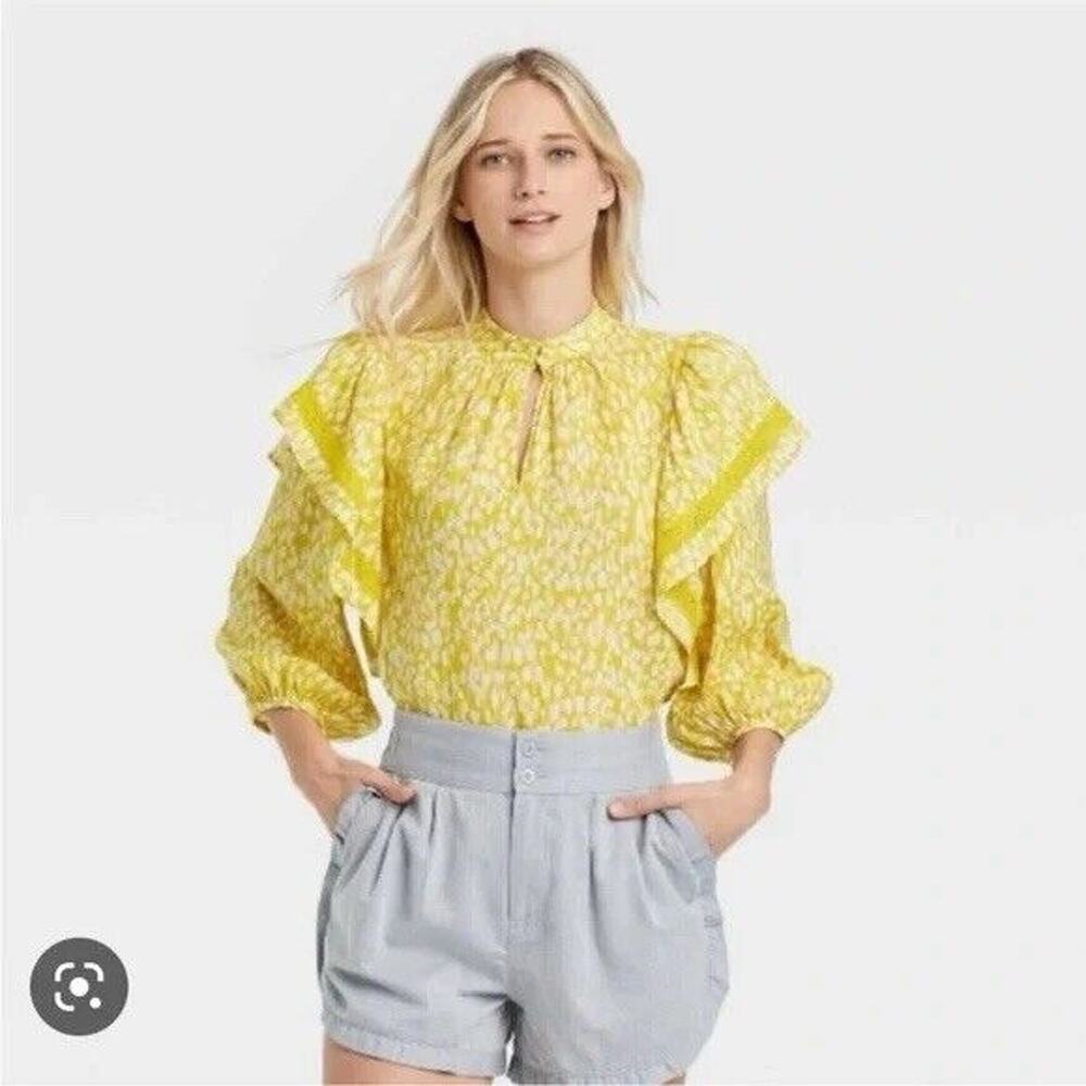 Veronica M Sheer Floral 3/4 Sleeves Ruffled Tunic Blouse size L